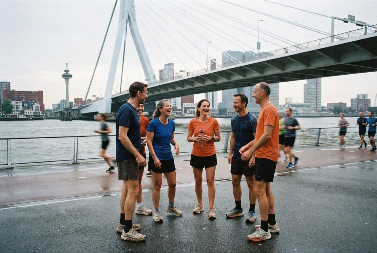 Een groepje recreatieve lopers lacht samen na een ochtendrun onder een brug in Rotterdam